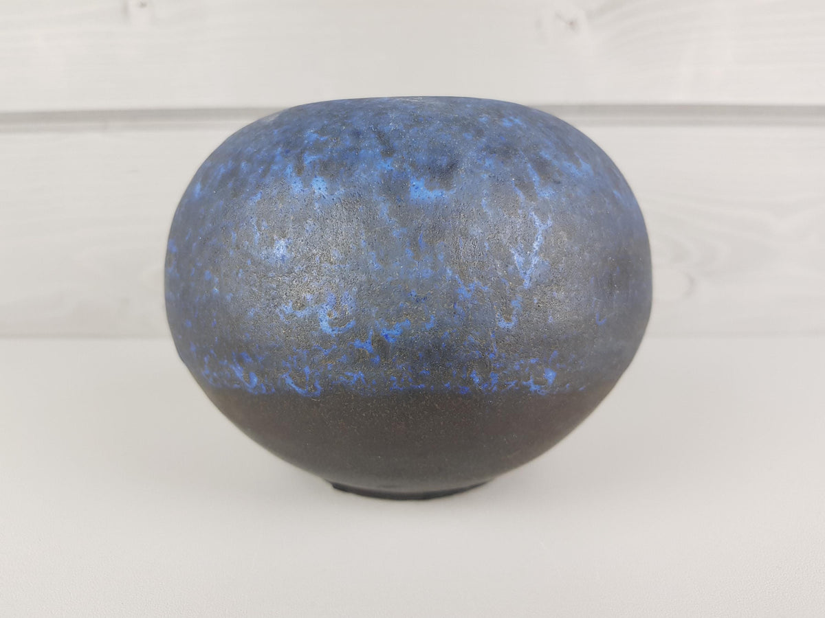 Vintage RUSCHA KERAMIK Ball Vase with Matt Blue Black Decor, West German Pottery 1970s