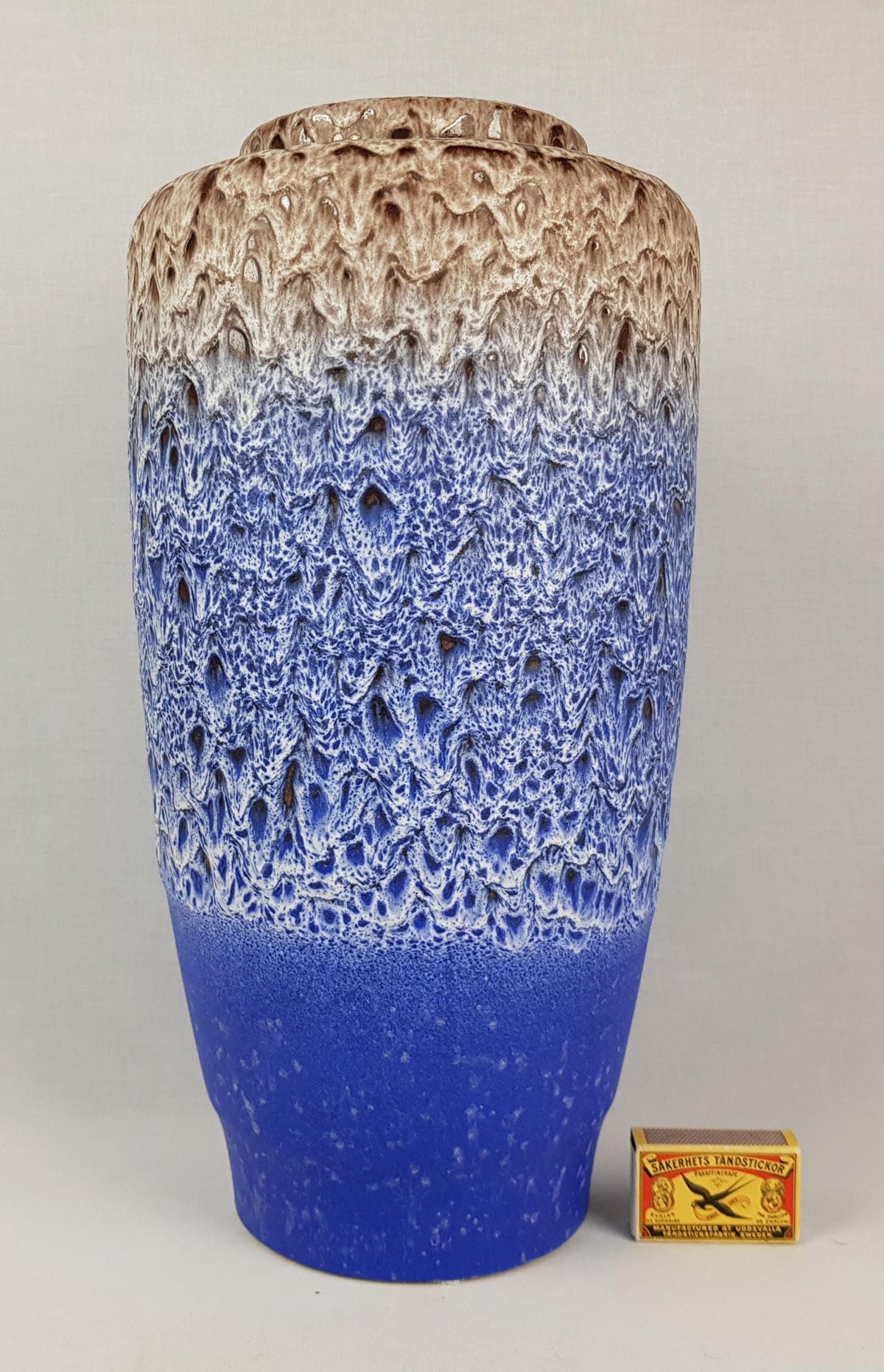 Vintage STEULER KERAMIK Blue Brown Floor Vase With White Fat Lava 156-40 West German Pottery 1970s