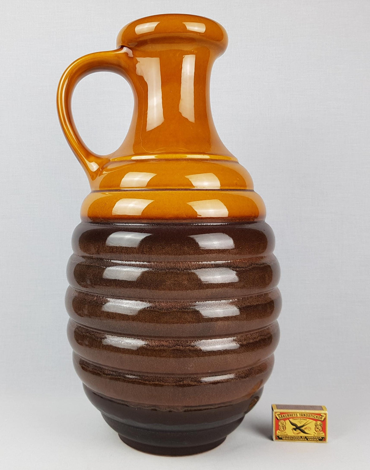Vintage CARSTENS KERAMIK Handled Brown Metallic Hooped Floor Vase 0109-45 West German Pottery 1960s