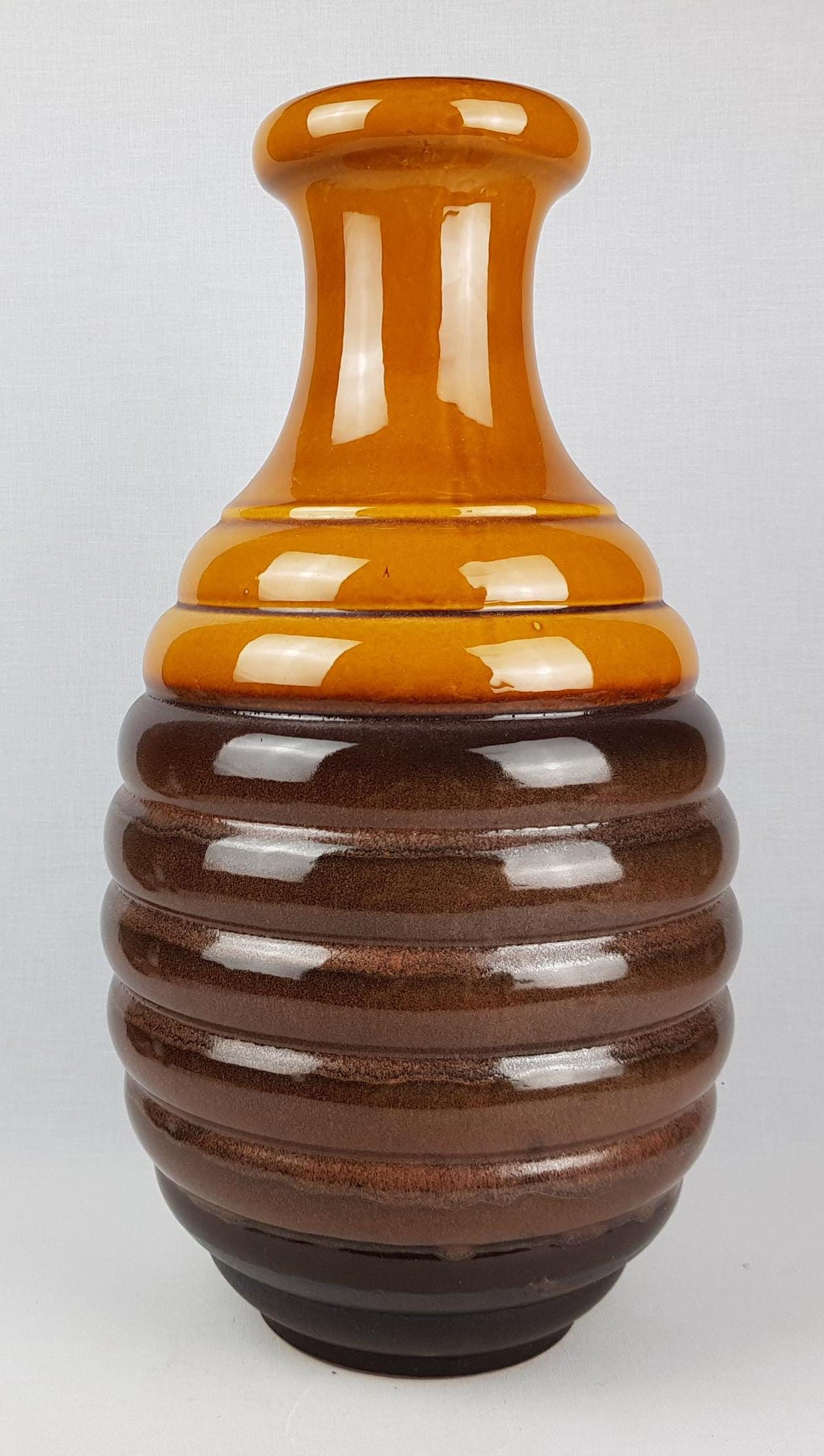 Vintage CARSTENS KERAMIK Handled Brown Metallic Hooped Floor Vase 0109-45 West German Pottery 1960s