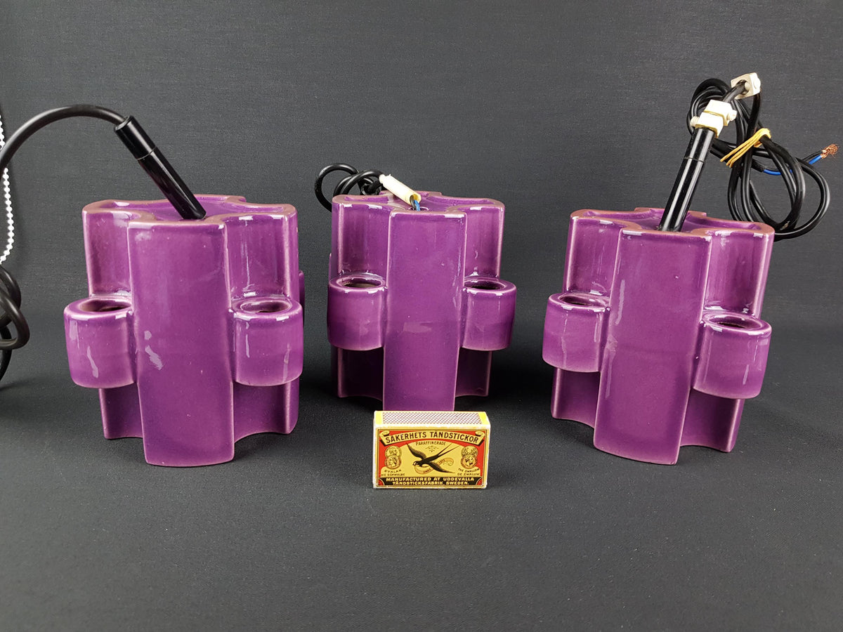 Set of 3 Vintage STEULER KERAMIK Purple Ceiling Lamps West German Pottery 1960s