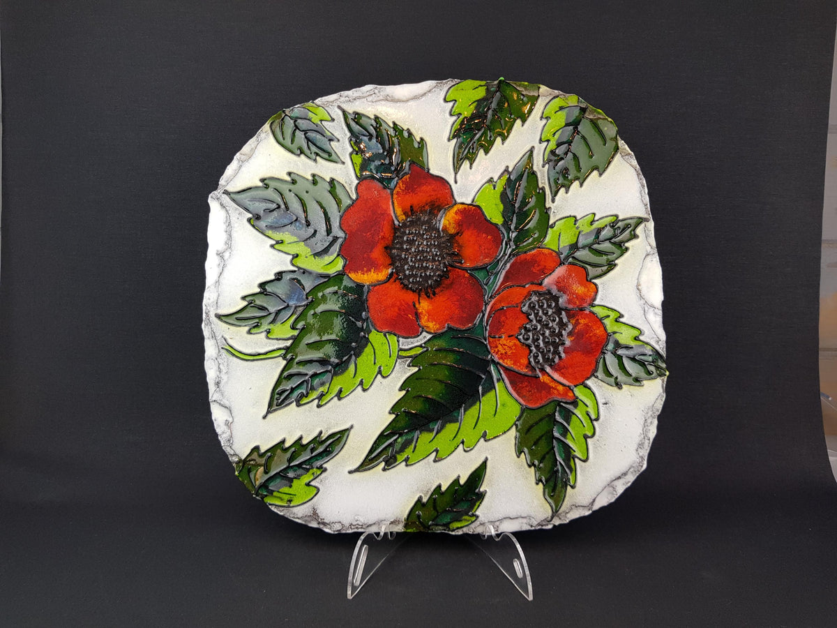 Vintage OSTARA VULCAN KERAMIK White with Red Flowers and Leaves Wall Plate - West German Pottery