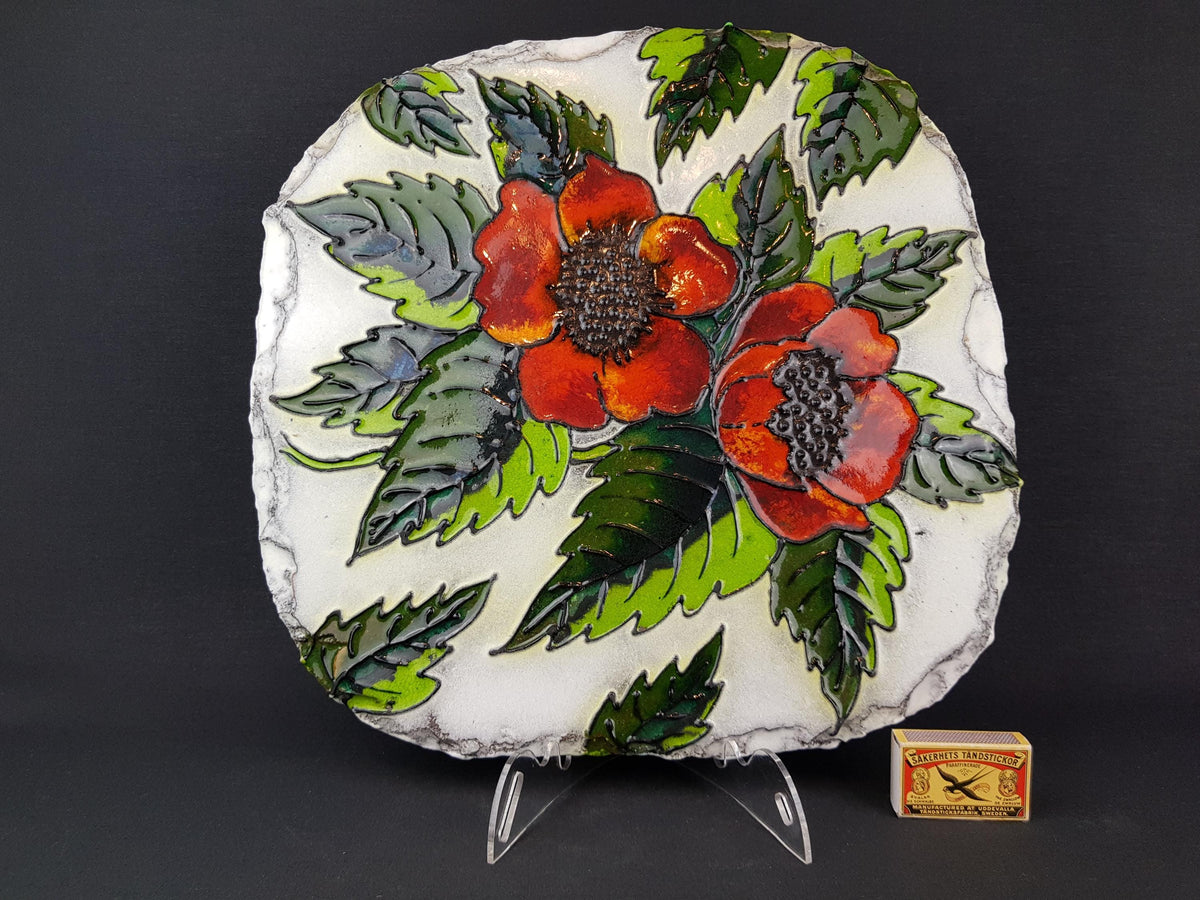 Vintage OSTARA VULCAN KERAMIK White with Red Flowers and Leaves Wall Plate - West German Pottery