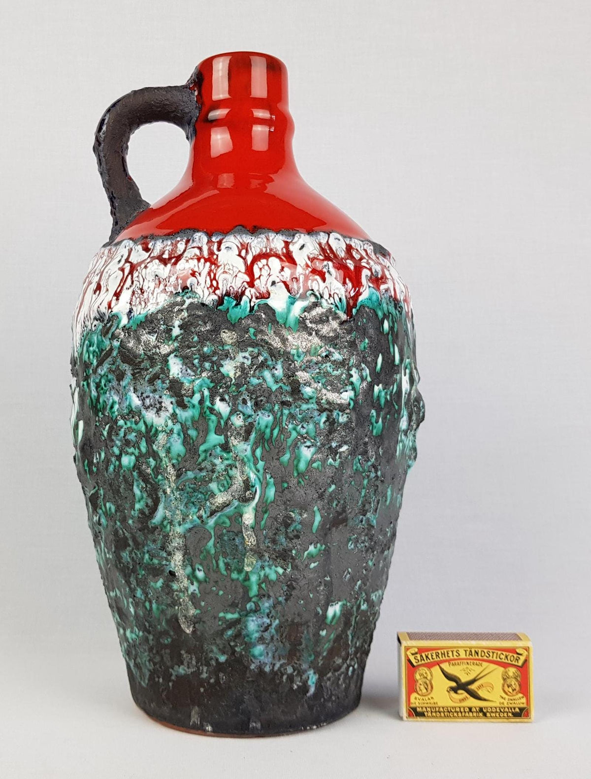 Vintage MAREI KERAMIK Red Jug Vase With Green Fat Lava Decor West German Pottery 1970s