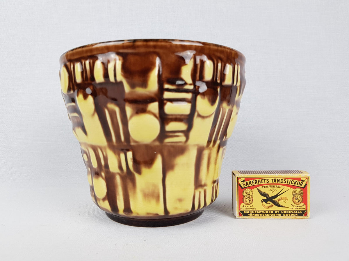 Vintage ÜBELACKER KERAMIK (U-keramik) Yellow and Brown Planter Cache Pot West German Pottery 1970s