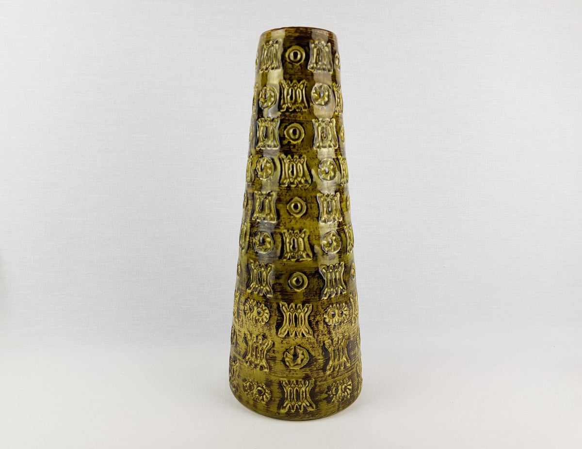 Vintage SPARA KERAMIK Olive Green Vase with Relief Decor Design By Halidan Kutlu 624-36 West German Pottery 1970s