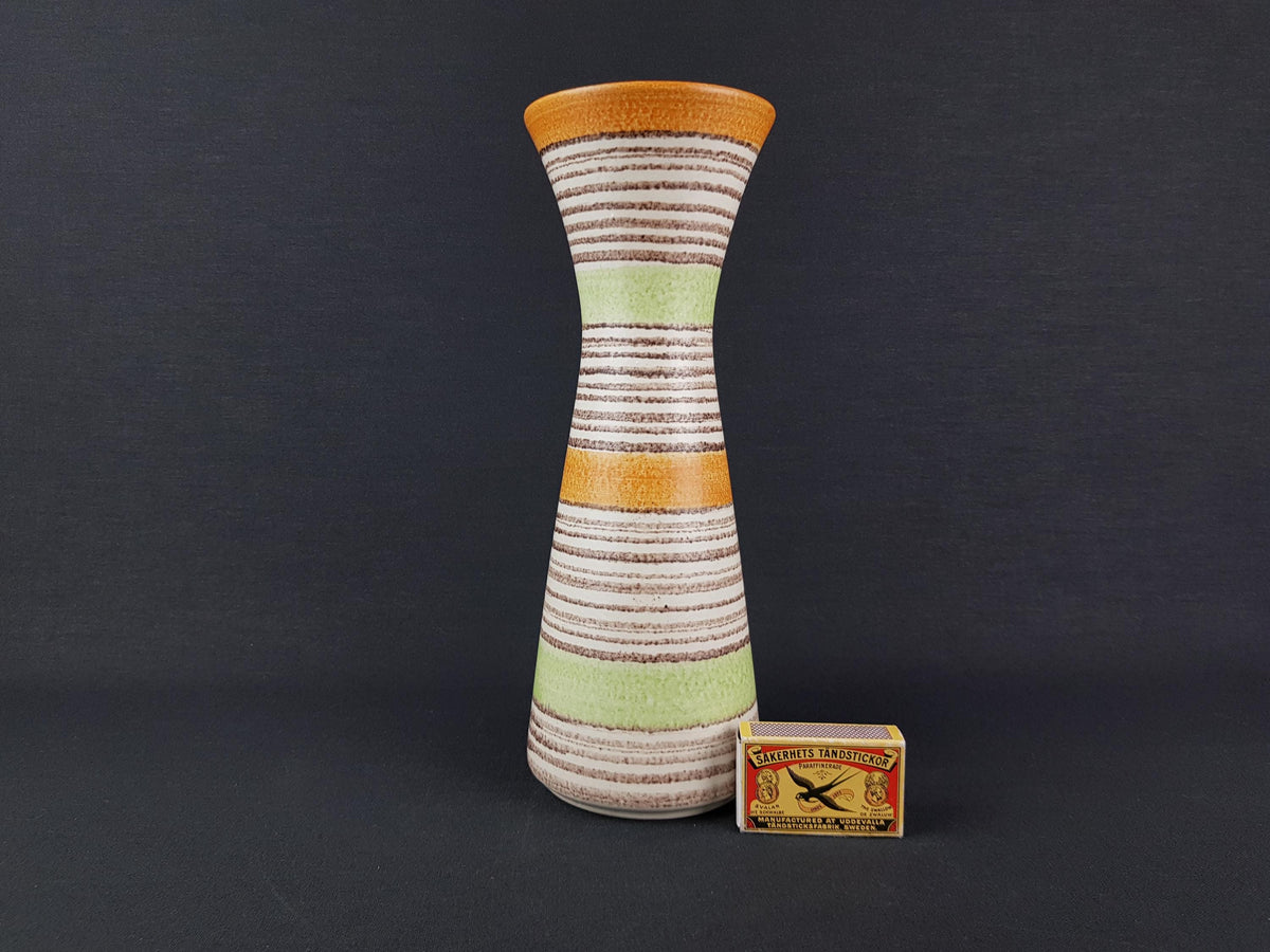 Vintage JASBA KERAMIK White, Orange, Green Stripes Vase 602-27 West German Pottery 1950s