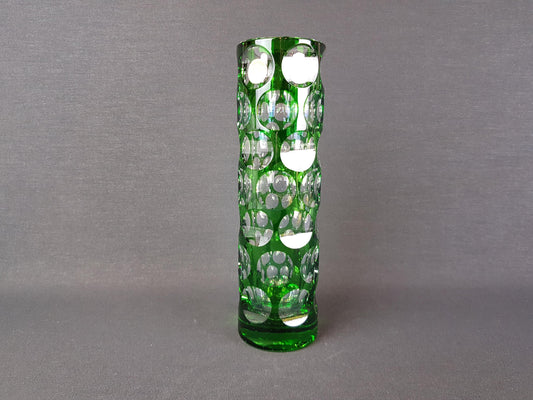 Vintage NACHTMANN BLEIKRISTALL Green Cut to Clear Glass Vase Bamberg West Germany 1950s