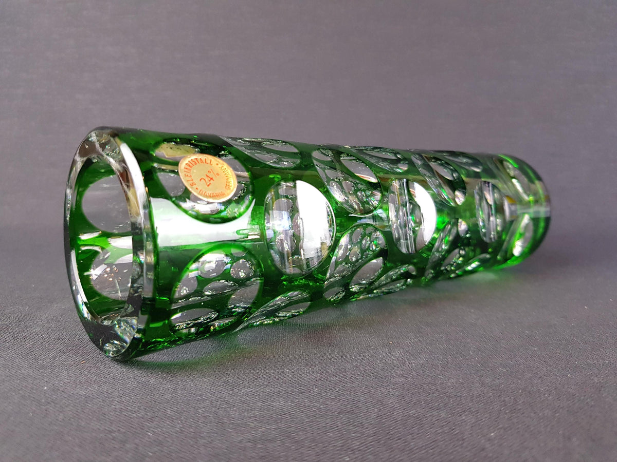 Vintage NACHTMANN BLEIKRISTALL Green Cut to Clear Glass Vase Bamberg West Germany 1950s