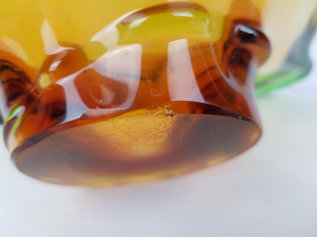Vintage MSTISOV GLASSWORKS Amber and Emerald Glass Bowl of Niagara Collection by Frantisek Zemek Czechoslovakia 1960s