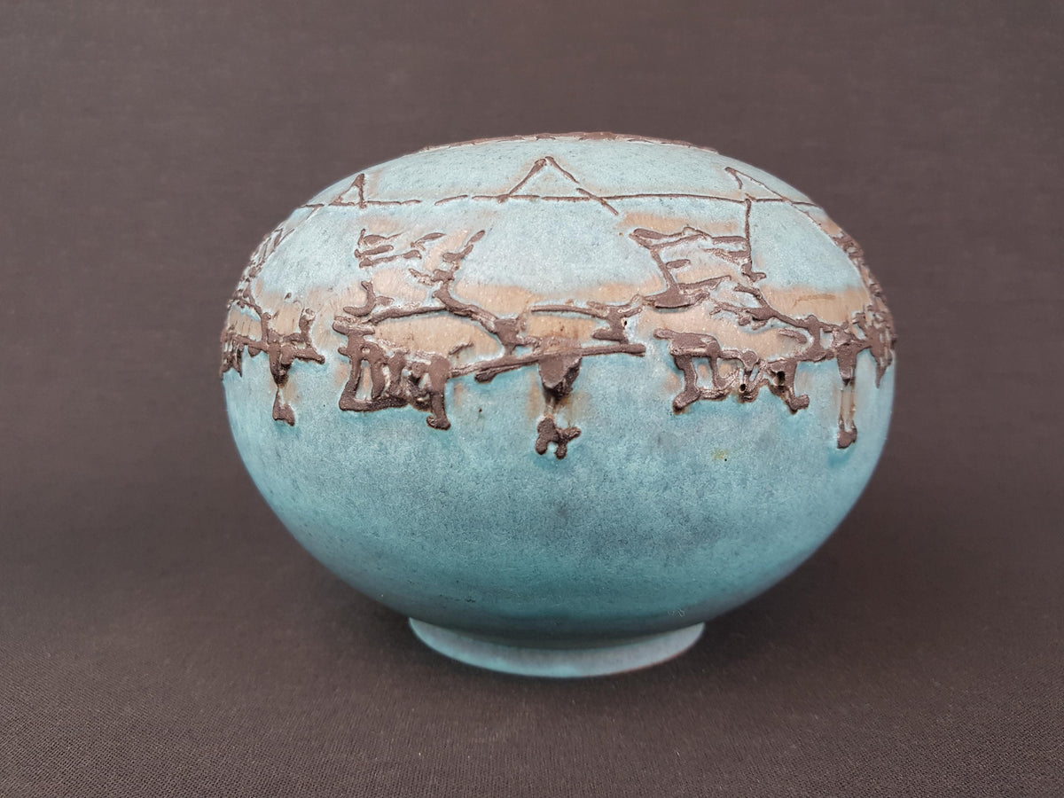 Vintage RUSCHA KERAMIK Matte Blue Ball Vase With Grey Relief Decor 820-2 West German Pottery Fat Lava Era 1970s