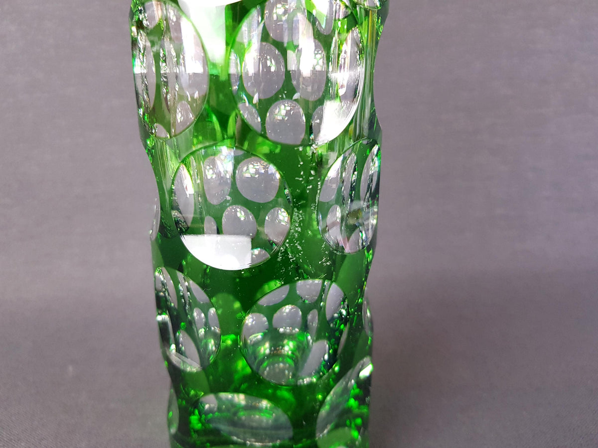 Vintage NACHTMANN BLEIKRISTALL Green Cut to Clear Glass Vase Bamberg West Germany 1950s