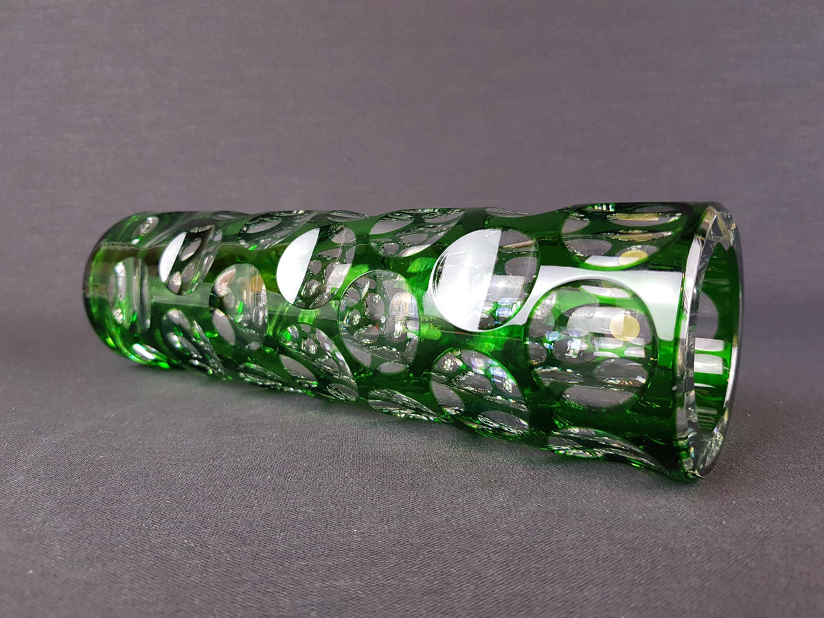 Vintage NACHTMANN BLEIKRISTALL Green Cut to Clear Glass Vase Bamberg West Germany 1950s