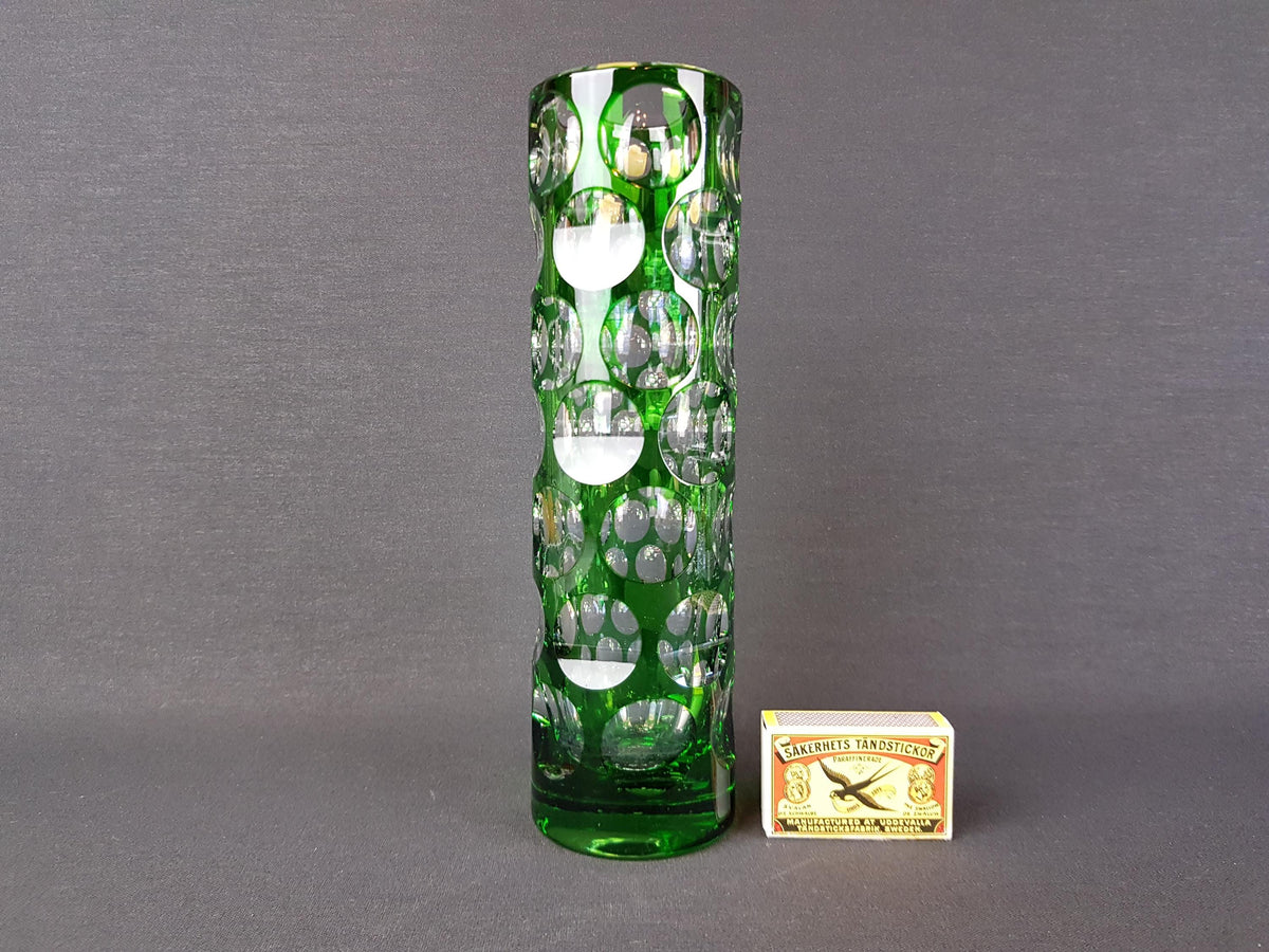 Vintage NACHTMANN BLEIKRISTALL Green Cut to Clear Glass Vase Bamberg West Germany 1950s