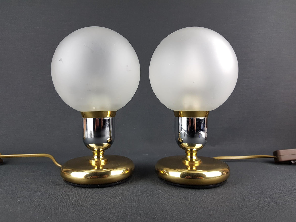Pair of vintage WORTMANN & FILZ , Footed Table or Bedside Lamps with Frosted Plastic Bulb Shades West-Germany 1960s