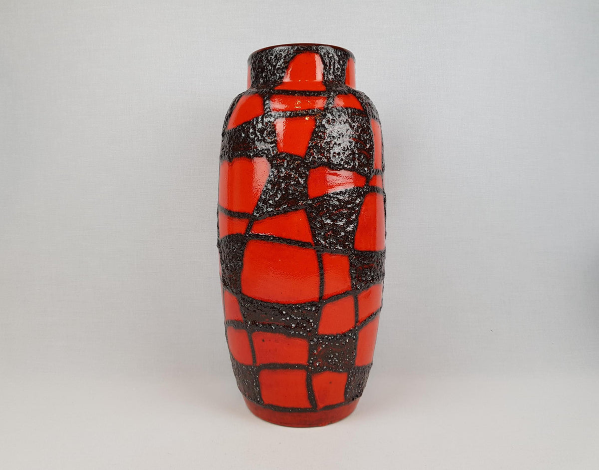 Vintage SCHEURICH KERAMIK Red Vase With Black Fat Lava Spider Web Decor 553-38 West German Pottery 1960s 1970s