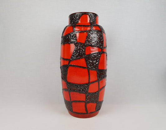 Vintage SCHEURICH KERAMIK Red Vase With Black Fat Lava Spider Web Decor 553-38 West German Pottery 1960s 1970s