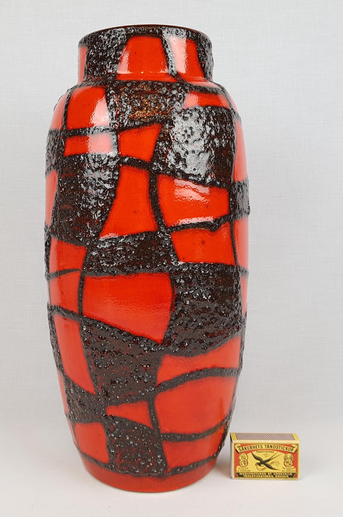 Vintage SCHEURICH KERAMIK Red Vase With Black Fat Lava Spider Web Decor 553-38 West German Pottery 1960s 1970s