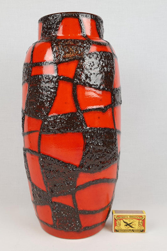 Vintage SCHEURICH KERAMIK Red Vase With Black Fat Lava Spider Web Decor 553-38 West German Pottery 1960s 1970s