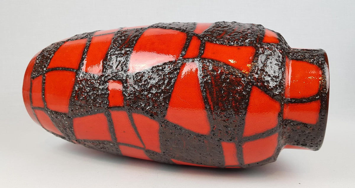 Vintage SCHEURICH KERAMIK Red Vase With Black Fat Lava Spider Web Decor 553-38 West German Pottery 1960s 1970s