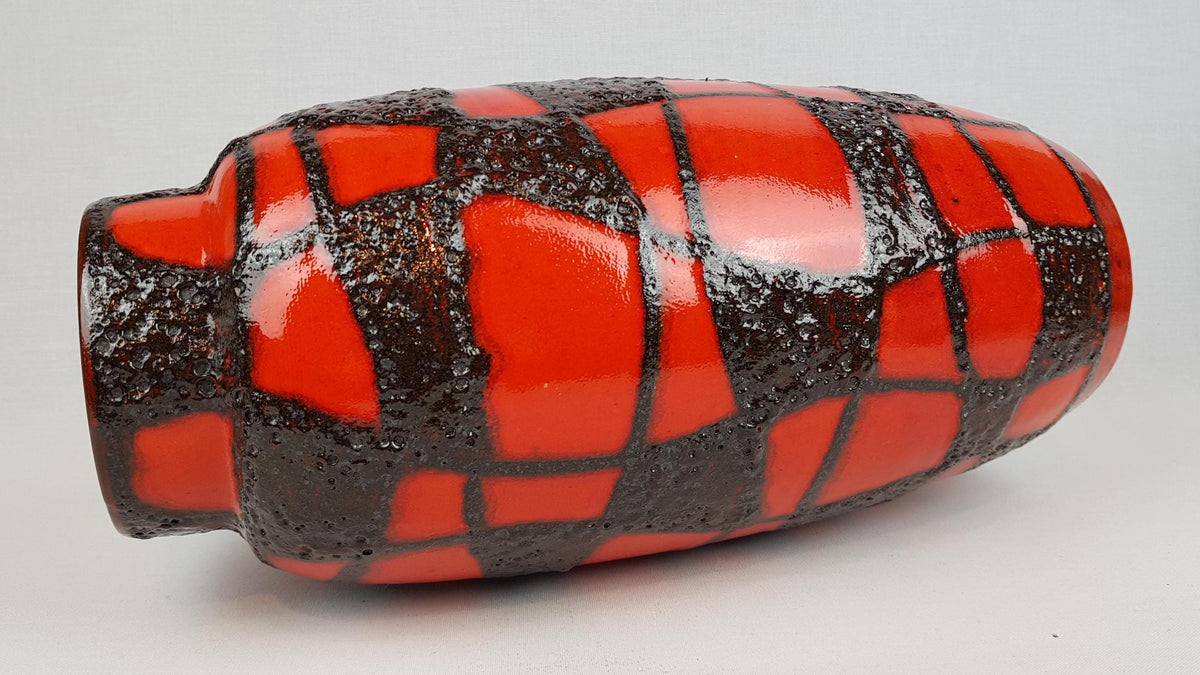 Vintage SCHEURICH KERAMIK Red Vase With Black Fat Lava Spider Web Decor 553-38 West German Pottery 1960s 1970s