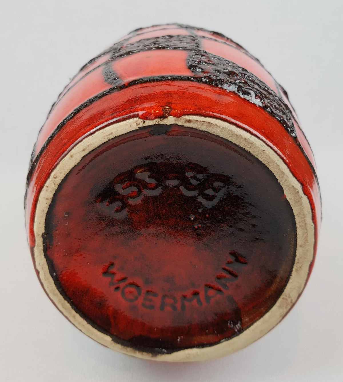 Vintage SCHEURICH KERAMIK Red Vase With Black Fat Lava Spider Web Decor 553-38 West German Pottery 1960s 1970s