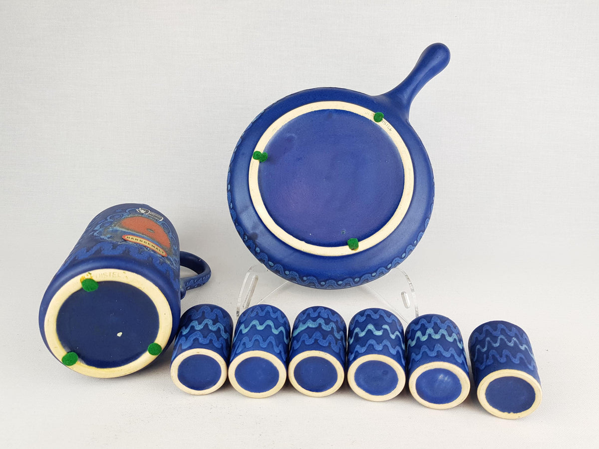 Vintage SILBERDISTEL Blue Ceramic Karaf Set With 6 Mugs Decor "Persien" West German Pottery 1970s