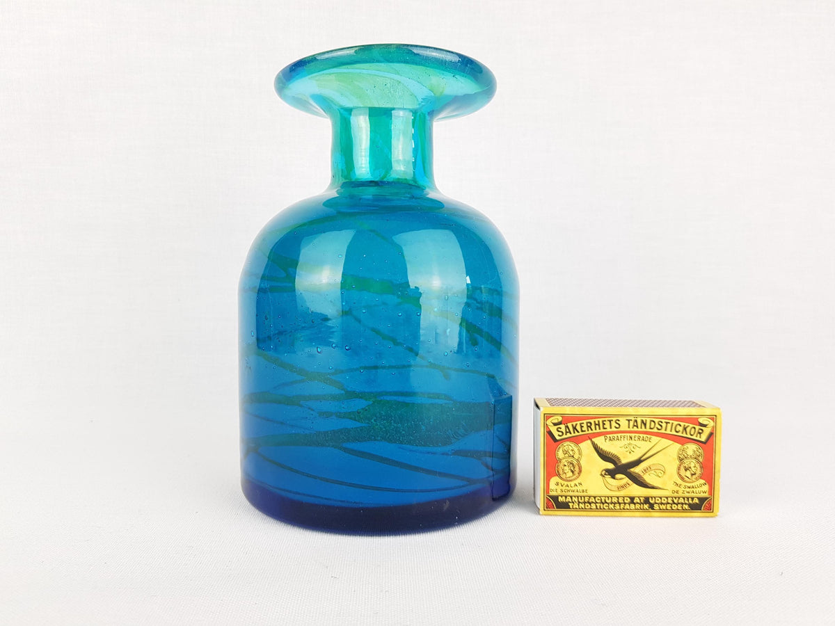 Vintage MDINA Blue and Green Glass Vase With Stripes Decor from Malta 1970s