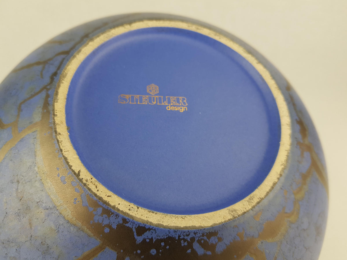 Vintage STEULER KERAMIK Folded Matt Blue Vase With Golden Craquele Look Glaze West German Pottery 1980s