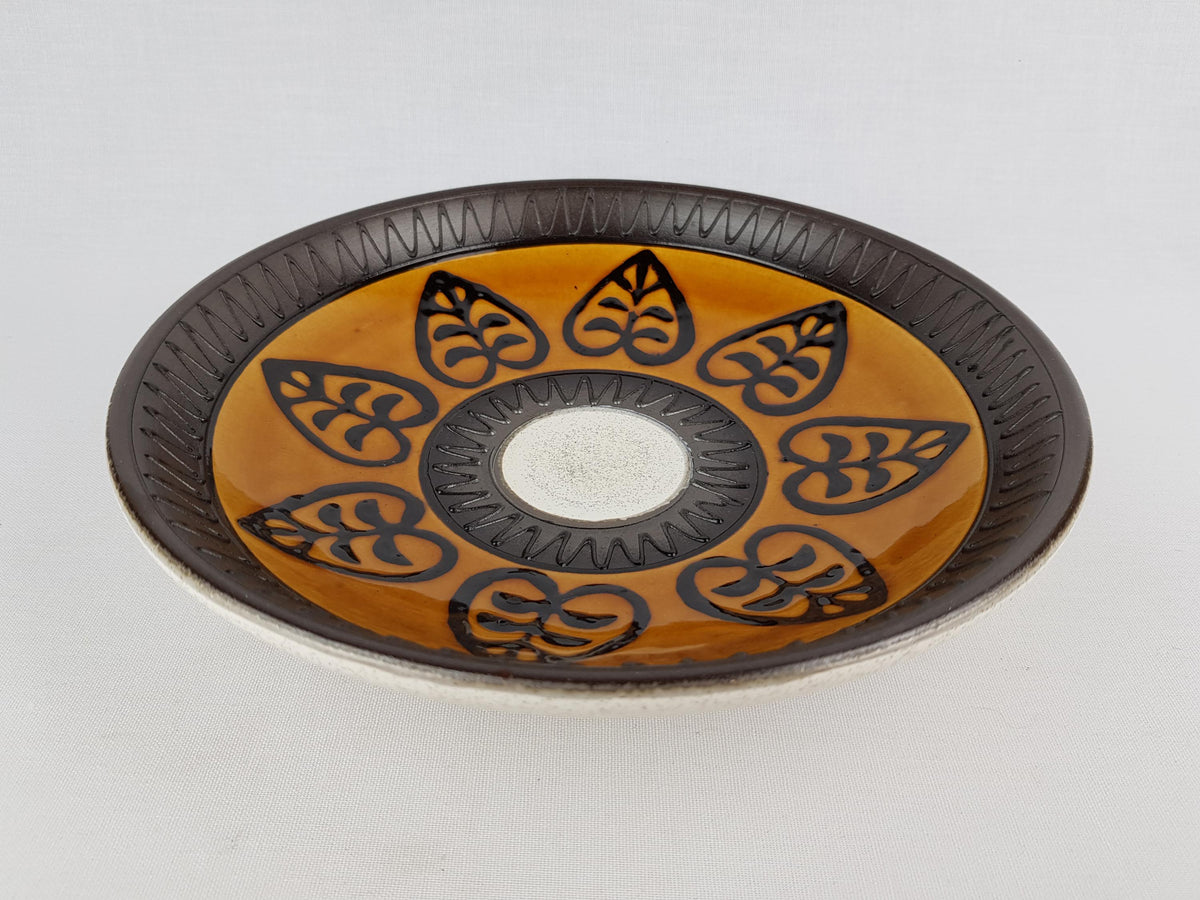 Vintage DÜMLER & BREIDEN Brown and Ocher Bowl with Relief Leaf pattern 226-25 West German Pottery 1970s