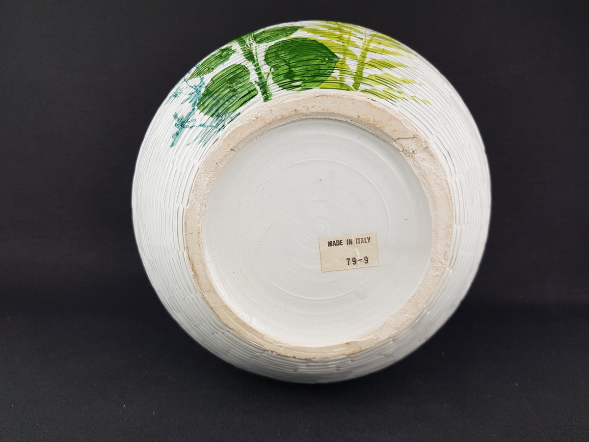 Vintage BITOSSI Flavia Montelupo White Ball Vase with Green Relief Flower Decor 9-9 Italy