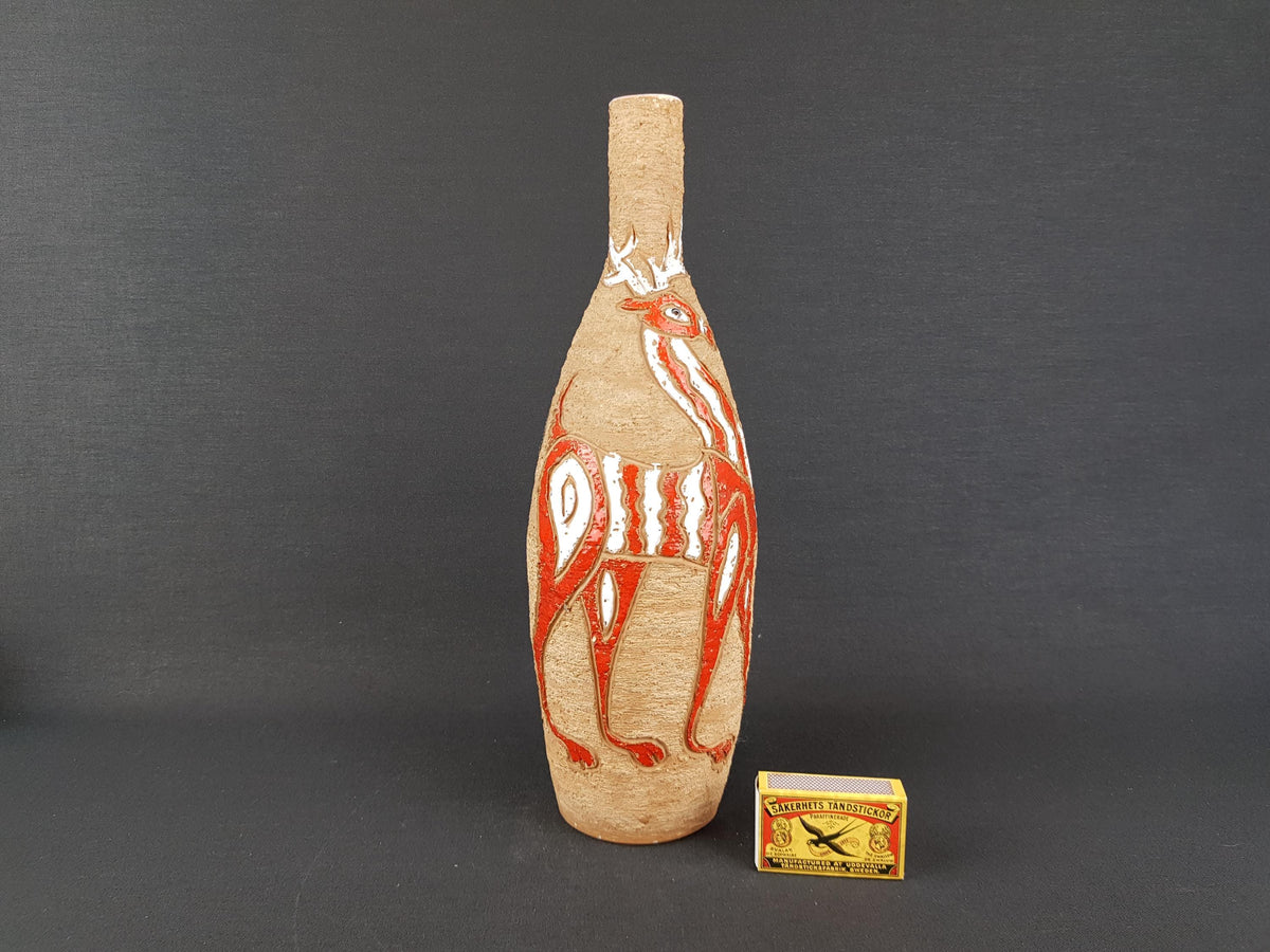 Vintage FRATELLI FANCIULLACCI Vase with Deer and Lion Decor Italian Pottery 1960s