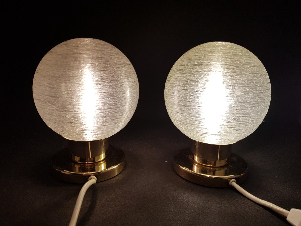 Pair of vintage DORIA LEUCHTEN, Footed Table or Bedside Lamps with Crackled Glass Bulb Shades West-Germany 1970s