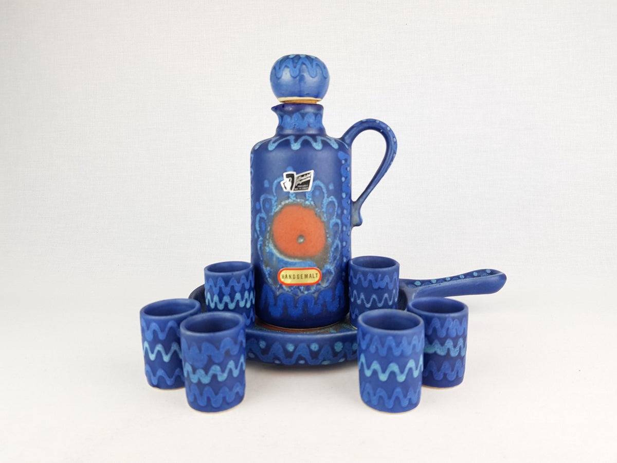 Vintage SILBERDISTEL Blue Ceramic Karaf Set With 6 Mugs Decor "Persien" West German Pottery 1970s