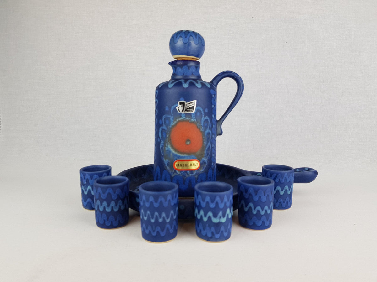 Vintage SILBERDISTEL Blue Ceramic Karaf Set With 6 Mugs Decor "Persien" West German Pottery 1970s