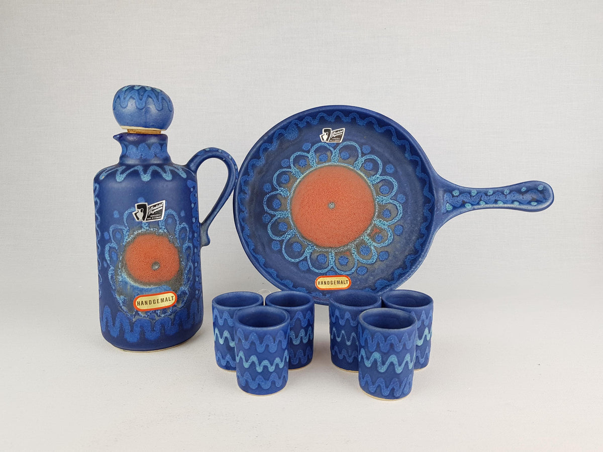 Vintage SILBERDISTEL Blue Ceramic Karaf Set With 6 Mugs Decor "Persien" West German Pottery 1970s