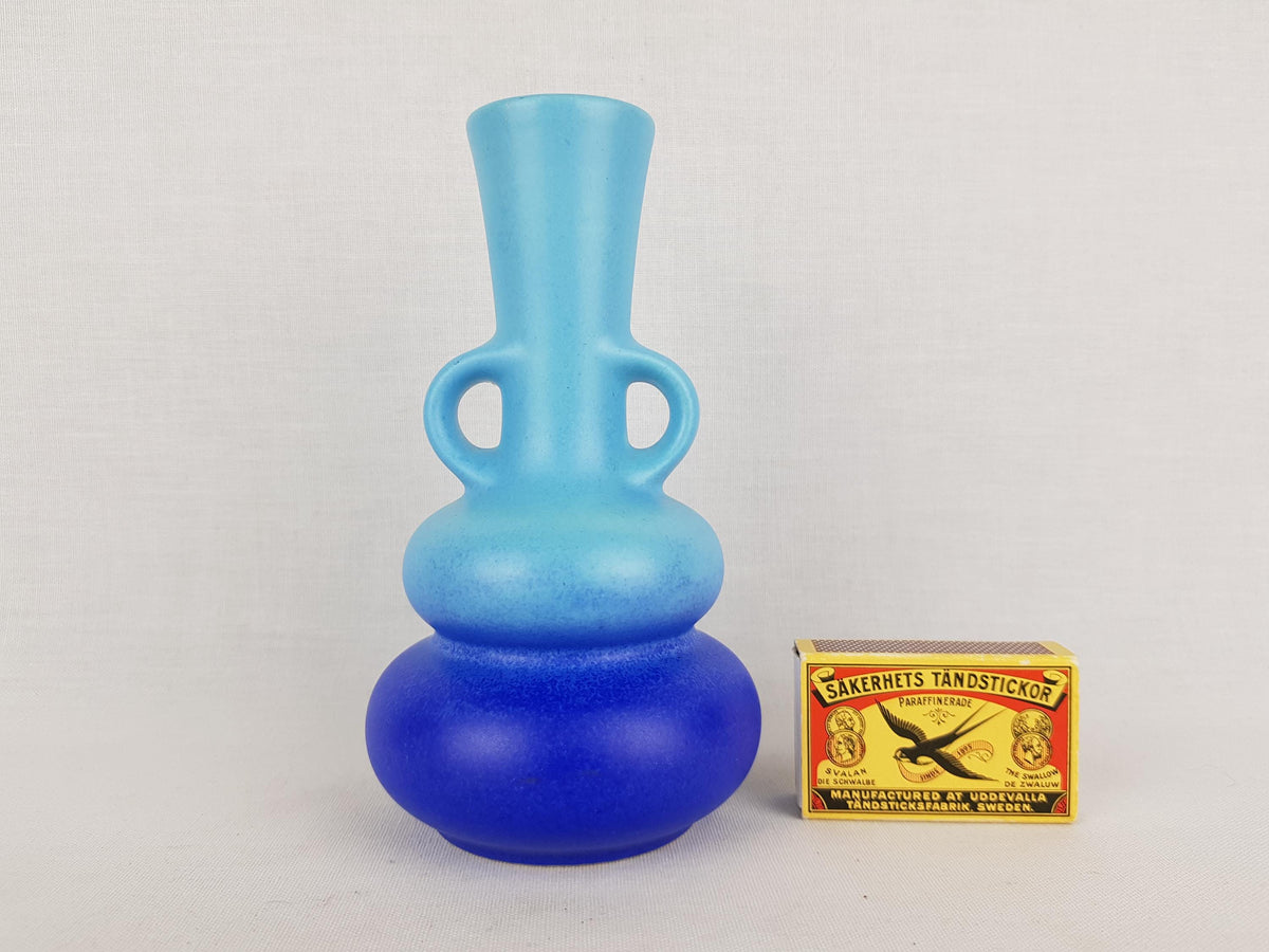 Vintage STEULER KERAMIK Double Handled Dark and Light Blue Vase By Cari Zalloni 236-15 West German Pottery 1970s