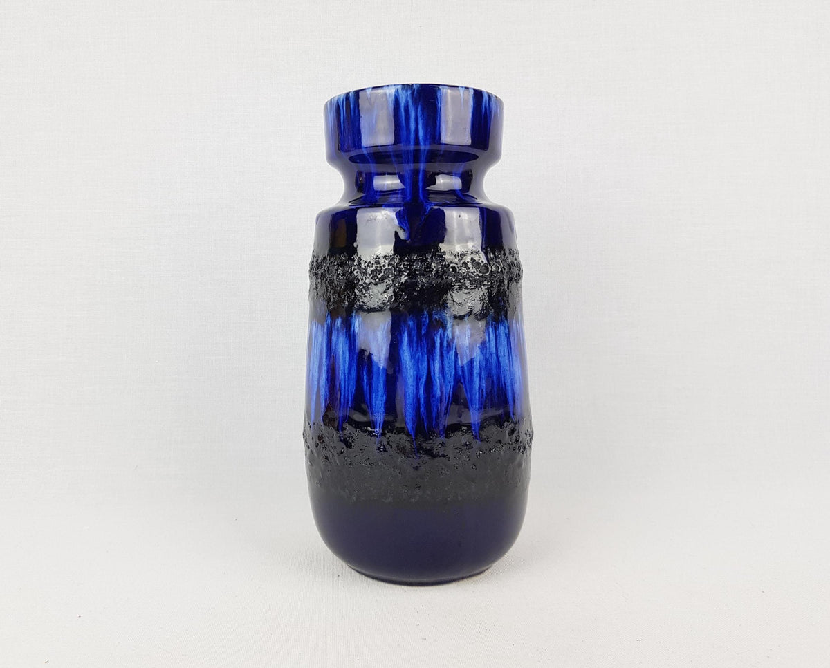 Vintage SCHEURICH KERAMIK Blue Vase With Black Fat Lava Decor 242-22 West German Pottery 1970s