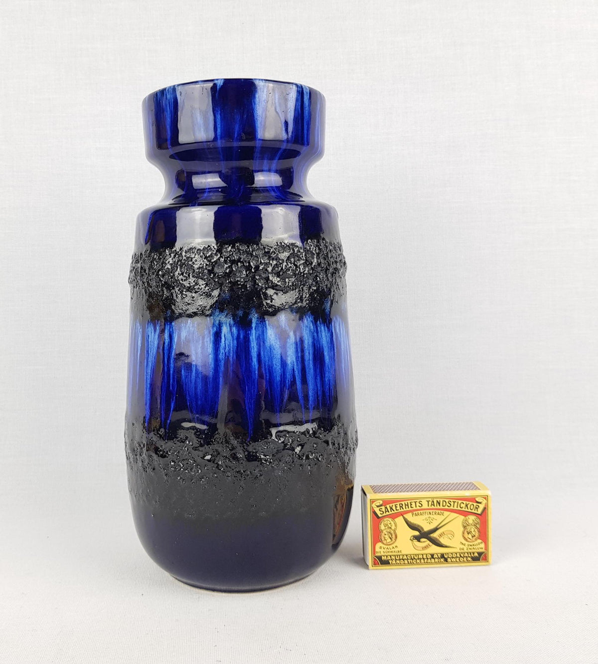 Vintage SCHEURICH KERAMIK Blue Vase With Black Fat Lava Decor 242-22 West German Pottery 1970s