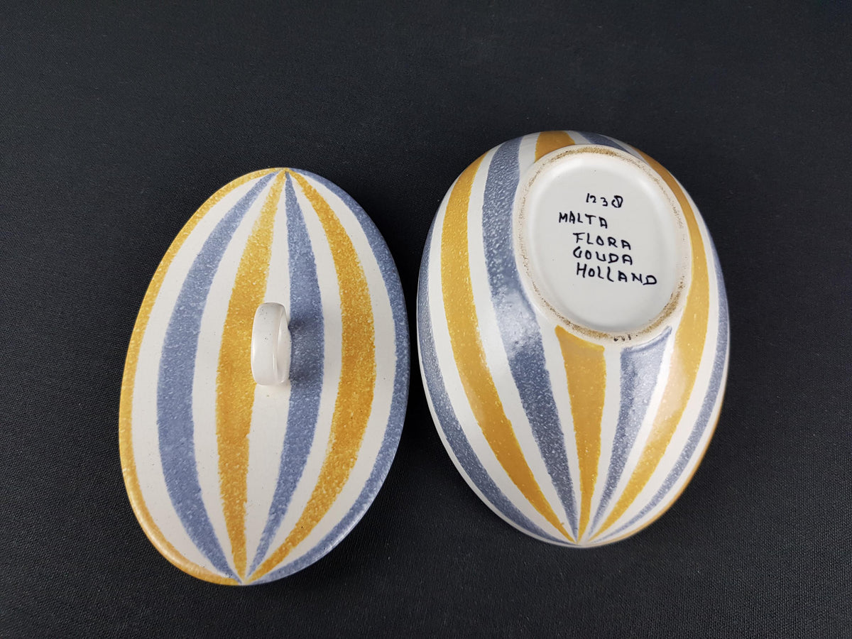 Vintage FLORA GOUDA HOLLAND Lidded Jar With Striped Decor 1238 Dutch Pottery 1960s