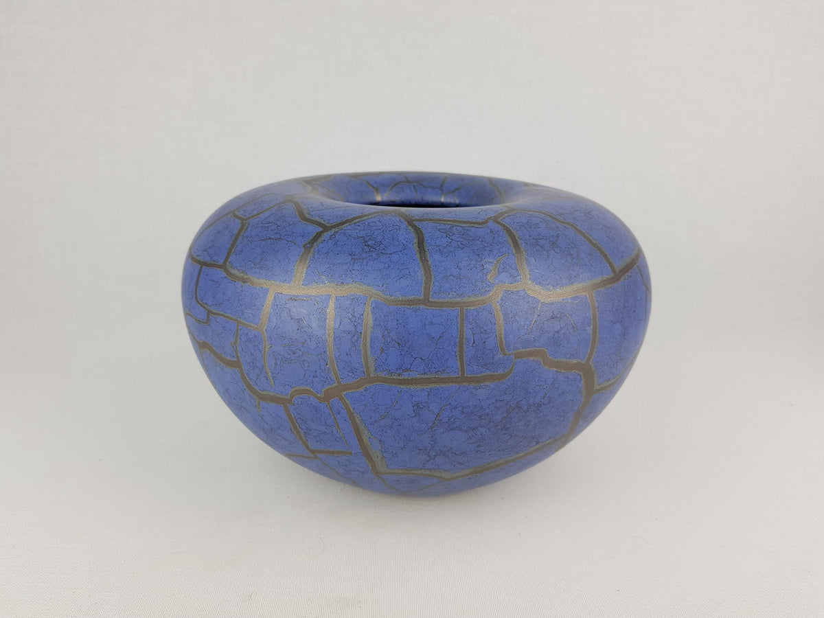 Vintage STEULER KERAMIK Folded Matt Blue Vase With Golden Craquele Look Glaze West German Pottery 1980s