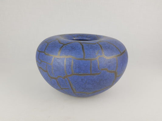 Vintage STEULER KERAMIK Folded Matt Blue Vase With Golden Craquele Look Glaze West German Pottery 1980s