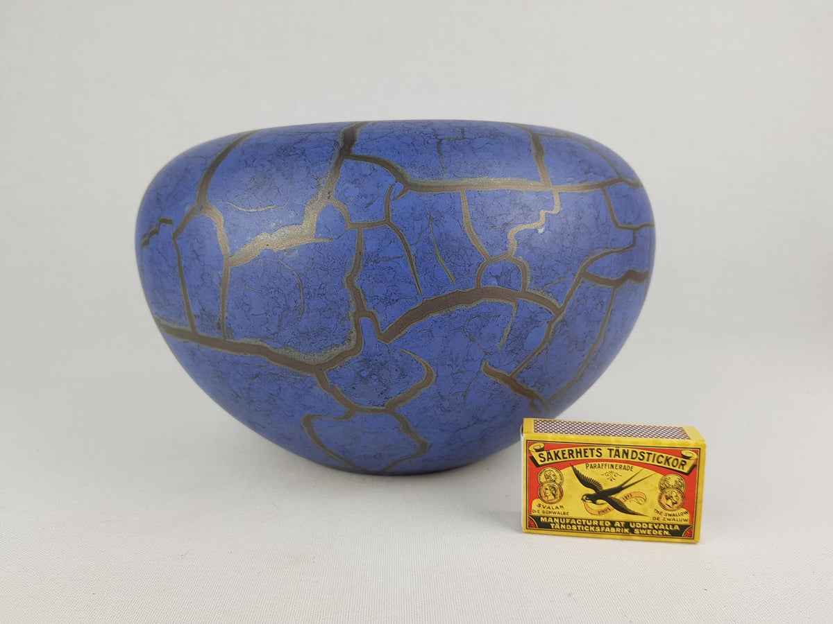 Vintage STEULER KERAMIK Folded Matt Blue Vase With Golden Craquele Look Glaze West German Pottery 1980s