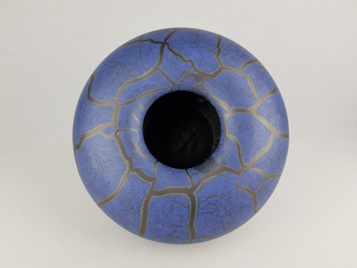 Vintage STEULER KERAMIK Folded Matt Blue Vase With Golden Craquele Look Glaze West German Pottery 1980s