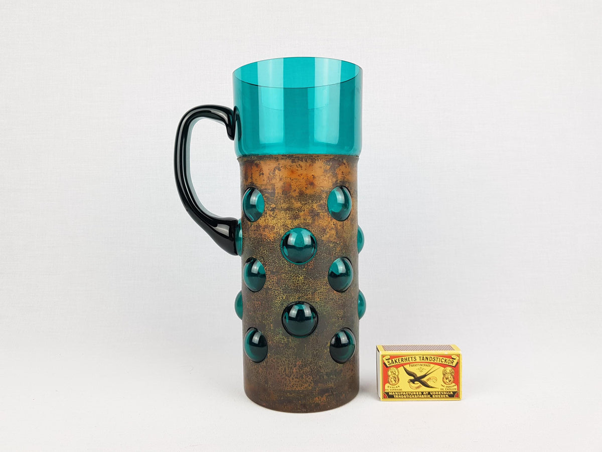 Vintage DRIBURG KRISTALL Handled Blue Turquoise Vase with Copper Base "Vercuna" Serie by Theodor Hoffmann (teha) 1960's