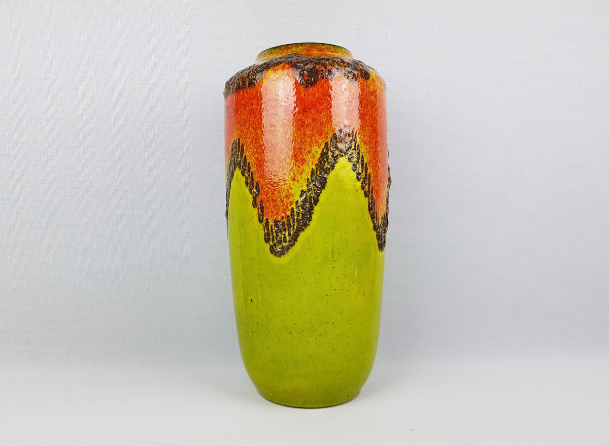 Vintage SCHEURICH KERAMIK Orange and Yellow Fat Lava Floor Vase 517 45 With Zig Zag Decor West Geman Pottery 1970s