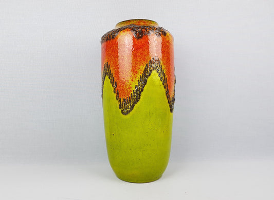 Vintage SCHEURICH KERAMIK Orange and Yellow Fat Lava Floor Vase 517 45 With Zig Zag Decor West Geman Pottery 1970s