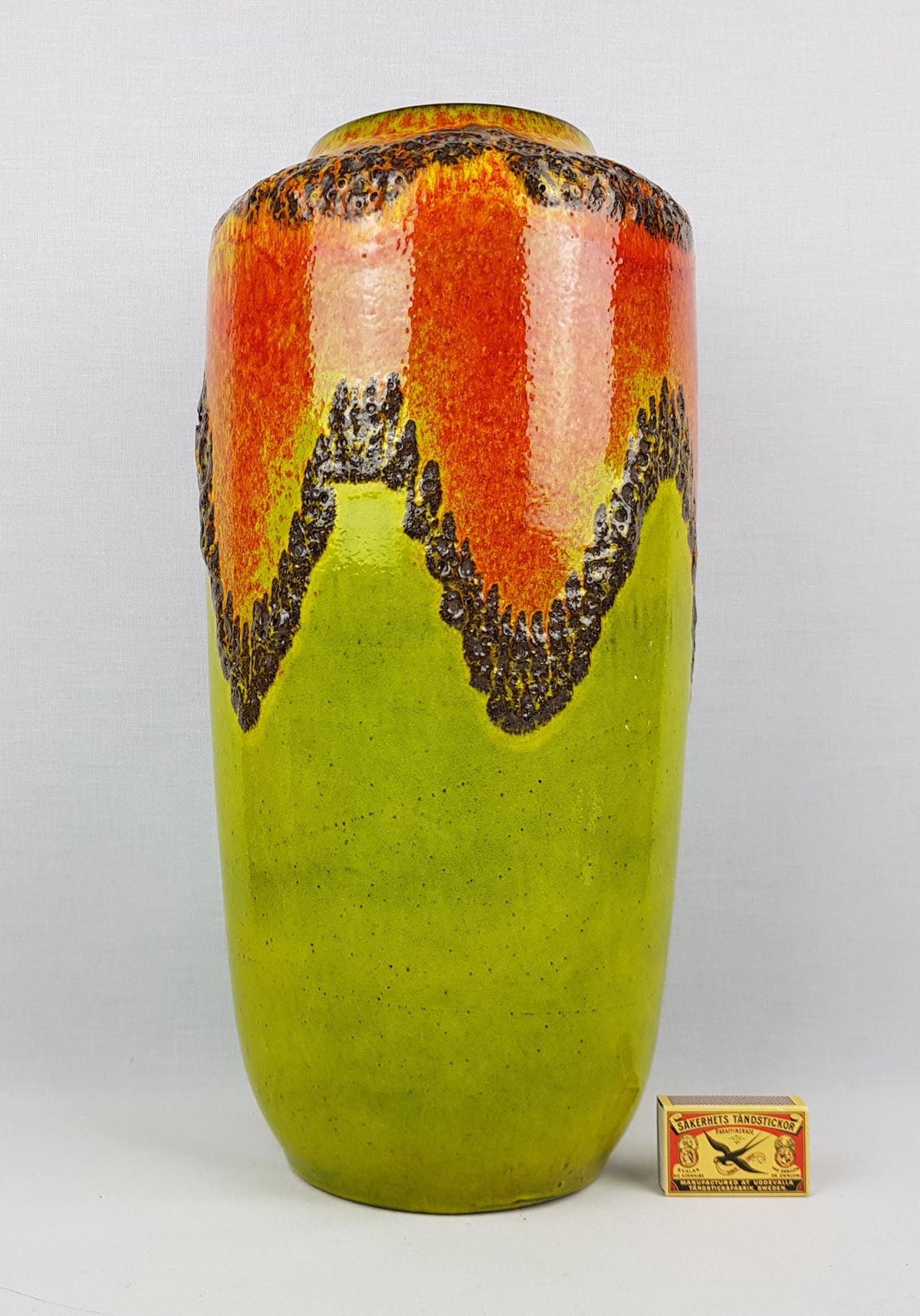 Vintage SCHEURICH KERAMIK Orange and Yellow Fat Lava Floor Vase 517 45 With Zig Zag Decor West Geman Pottery 1970s