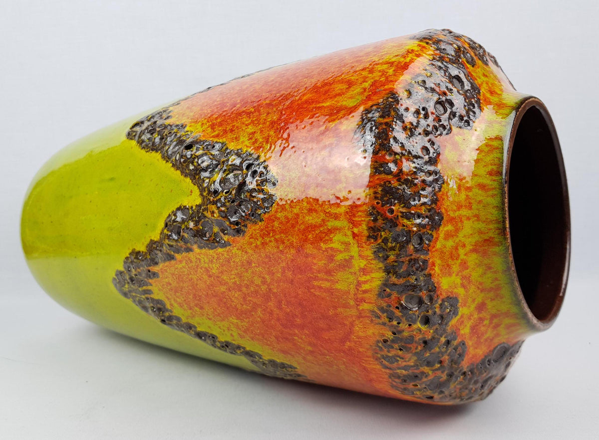 Vintage SCHEURICH KERAMIK Orange and Yellow Fat Lava Floor Vase 517 45 With Zig Zag Decor West Geman Pottery 1970s