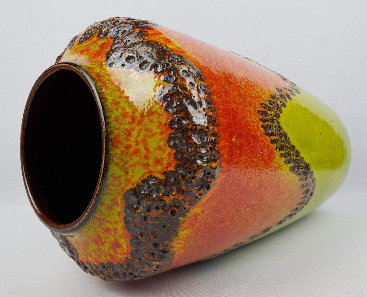 Vintage SCHEURICH KERAMIK Orange and Yellow Fat Lava Floor Vase 517 45 With Zig Zag Decor West Geman Pottery 1970s